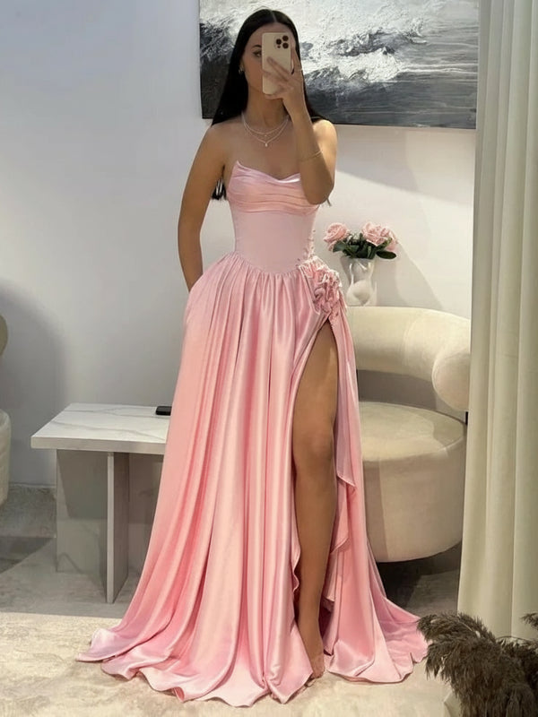 Pink A-Line Party Dress – Sleeveless Special Occasion Gown with Side Split Train for Women