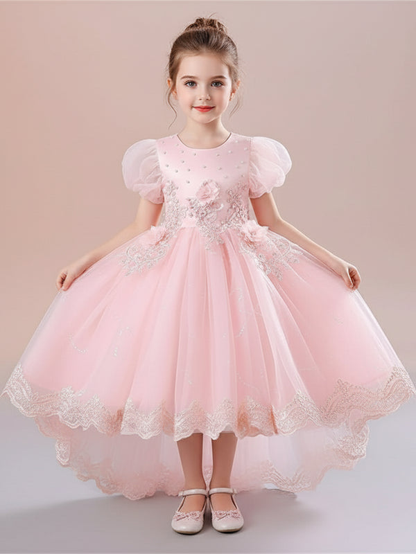 Flower Girl Princess Dress – Embroidered Lace Tulle Gown with Trailing Skirt