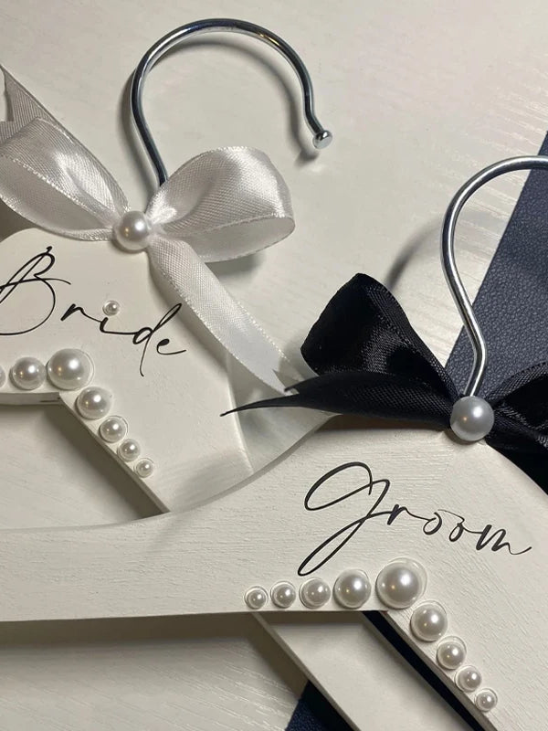 Set of 2 Bride & Groom Pearl Wedding Hangers – Elegant Bridal Shower Gift
