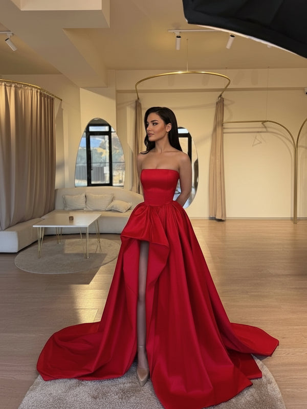Elegant Red Strapless Evening Gown – Floor-Length Formal Dress with Train