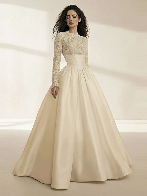 Elegant Satin A-Line Wedding Dress – Modest Long Sleeve Bridal Gown with O-Neck and Sweep Train