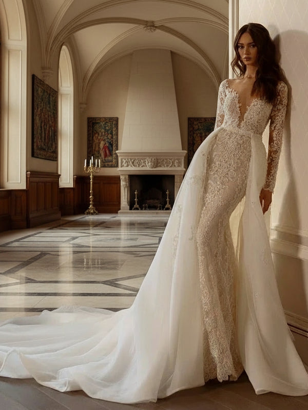 Elegant Sweetheart Mermaid Wedding Dress – Lace Appliqué Long Sleeve Backless Gown