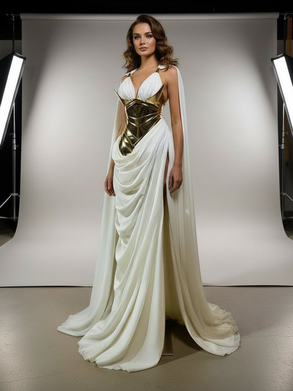 Elegant White and Gold Wedding Dress with Cape – Sweetheart Neckline & High Slit Mermaid Gown 2025