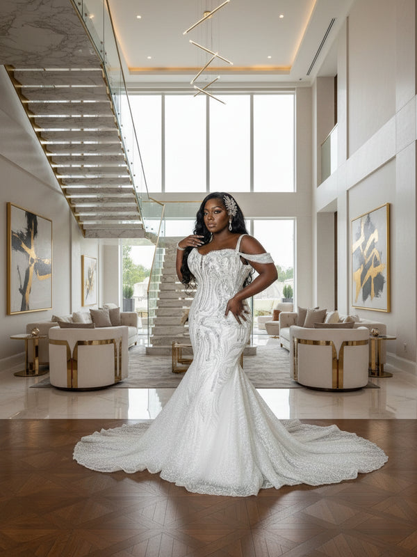 Classic Mermaid Wedding Dress – Off-the-Shoulder Appliqué Crystal Bridal Gown | Floor-Length Robe