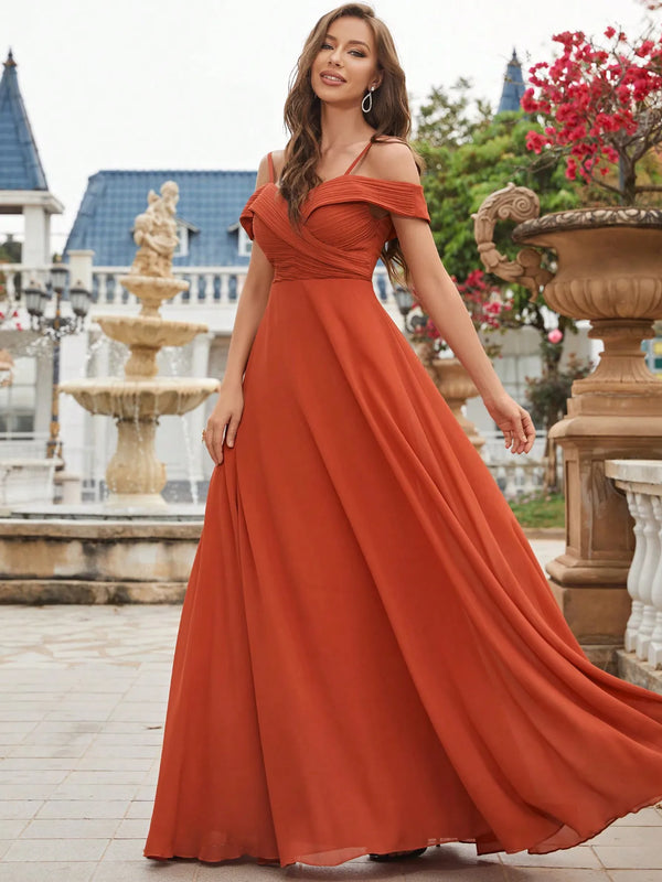 Cold Shoulder Ruched Chiffon Bridesmaid Dress – Elegant Floor-Length Gown for Wedding Party or Formal Event