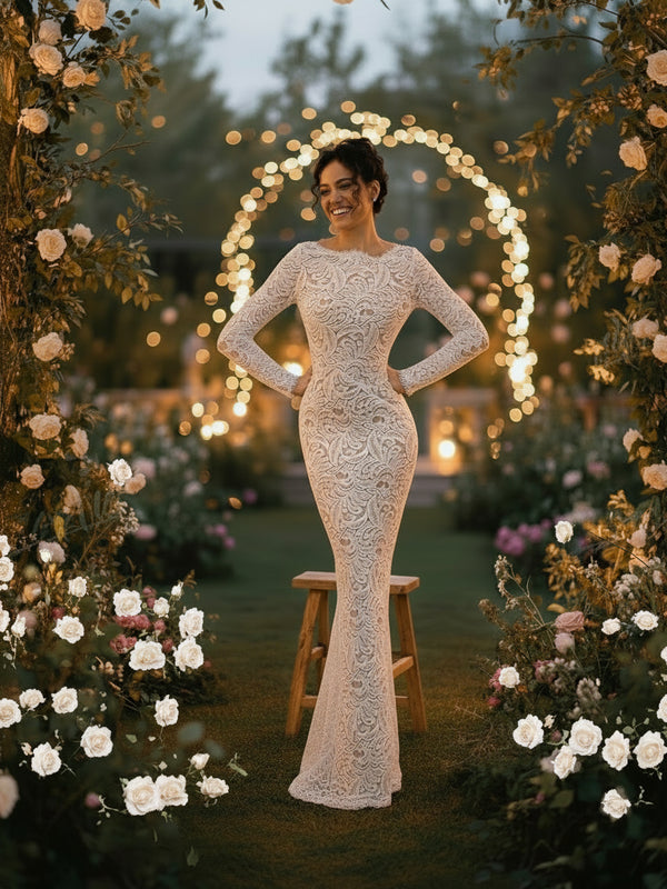 Elegant Lace Sheath Wedding Dress – Long Sleeve Boho Backless Bridal Gown