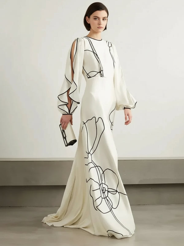 Elegant Flower Printed Evening Dress – One-Shoulder A-Line Wedding and Party Gown