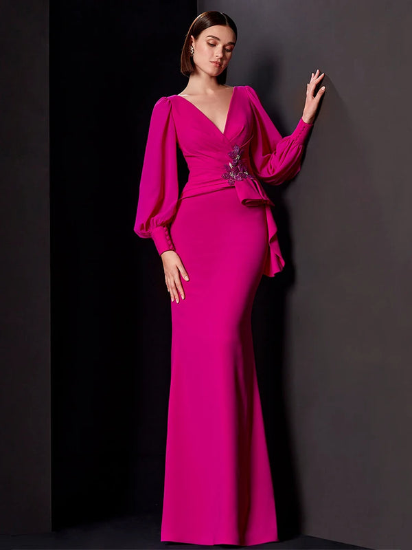 Elegant Mermaid V-Neck Long Sleeve Evening Dress with Beaded Appliqués – Formal Gown for Wedding Guests or Mothers of the Bride