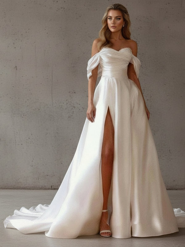 Elegant A-Line Satin Wedding Dress – Off-Shoulder Sweetheart, Beaded, Side Slit Bridal Gown
