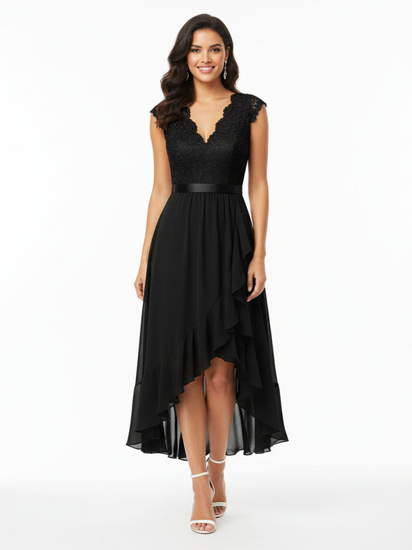 Elegant Sleeveless Lace-Spliced Chiffon Evening Party Dress – Ruffled Irregular Hem, Floor-Length