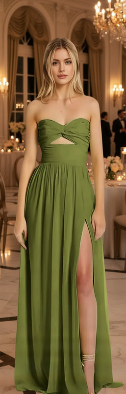 Strapless Bridesmaid Dress – A-Line Pleated Chiffon Prom Gown with Slits | Formal Evening Party Dress 2025