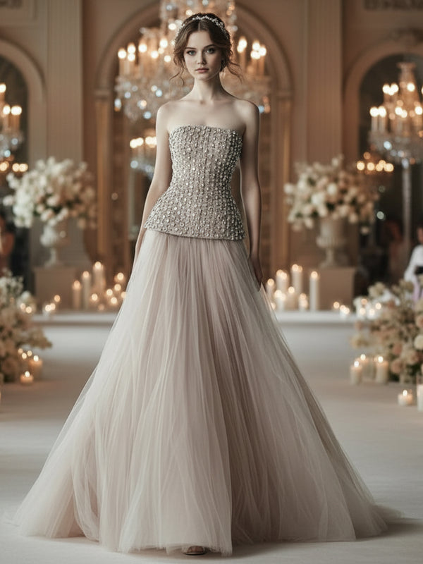 Elegant Champagne Tulle A-Line Evening Gown with Luxury Diamond Beading