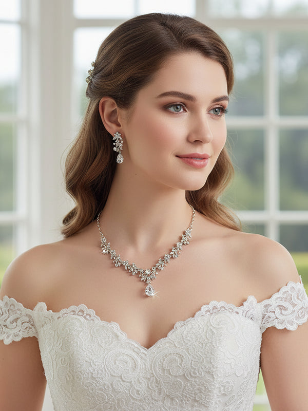 Zircon & Rhinestone Wedding Jewelry Set – Necklace + Earrings Party Set