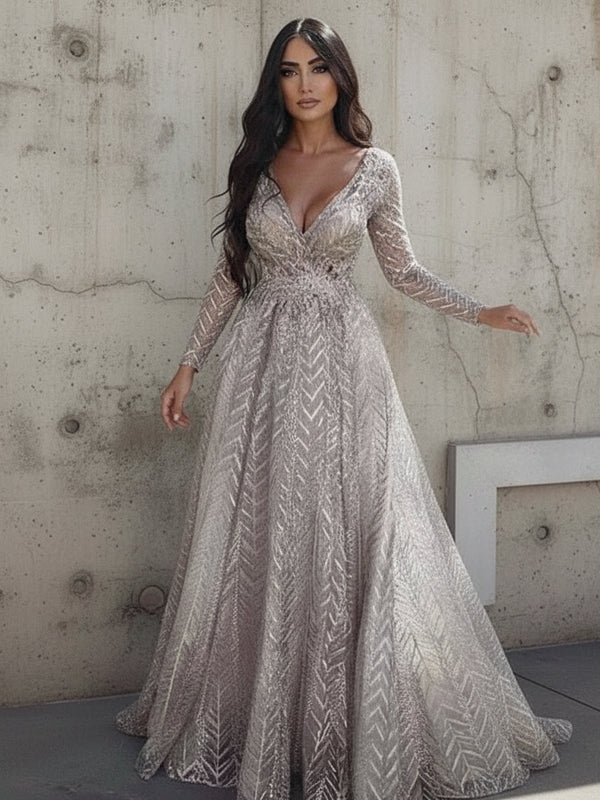 Elegant Long-Sleeve Lace Evening Dress – V-Neck Beaded Formal Gown for Weddings & Prom