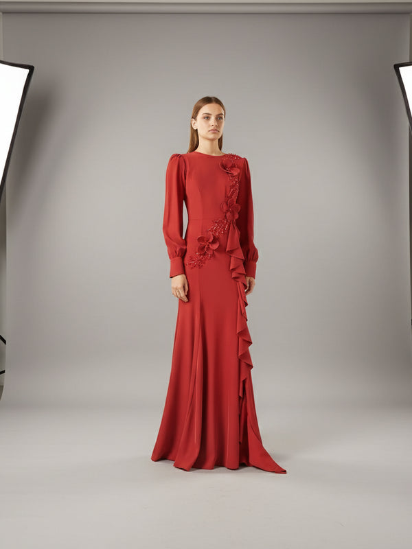 Elegant Red Mermaid Evening Dress – Long Sleeve Appliqué Formal Gown for Women