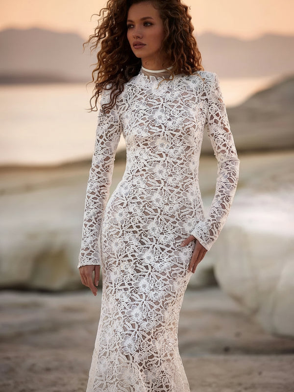 Elegant Lace Mermaid Wedding Dress – Long Sleeve High Collar with Open Back