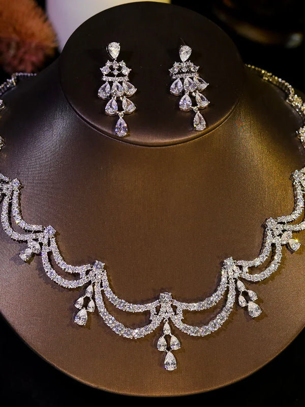 Elegant Two-Layer Wavy Zircon Necklace & Jewelry Set – Light Luxe Bridal Accessories for Weddings and Special Occasions