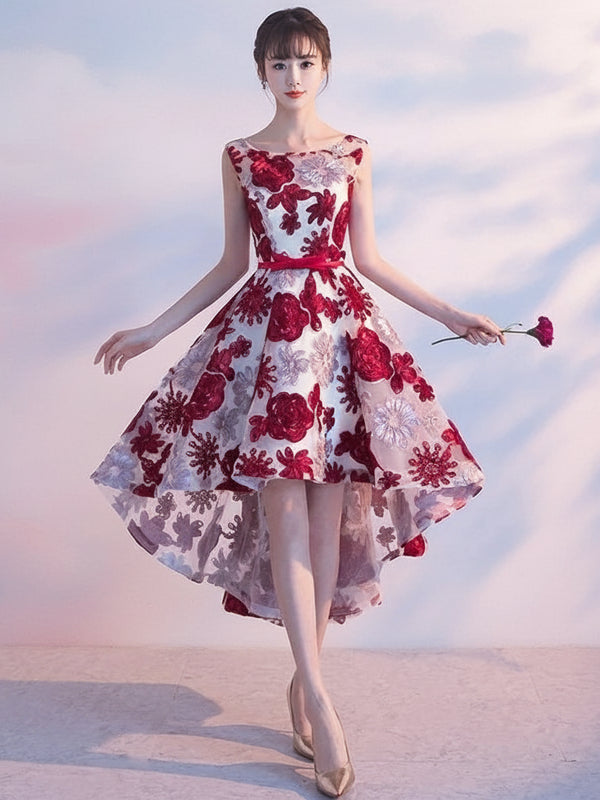 Floral Print Burgundy Bridesmaid Dress – Appliqué O-Neck Prom Gown | 2025 Collection