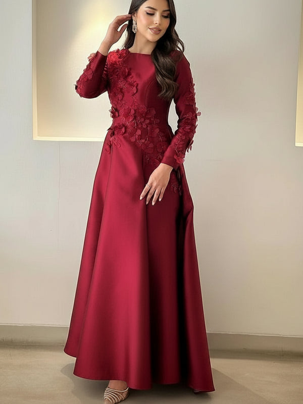 Elegant Wedding Evening Dress – Round Neck, Long Sleeves, Beading & Flowers A-Line Gown