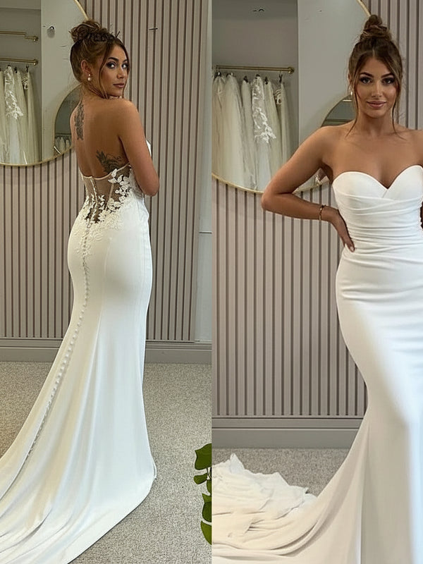 Elegant Sweetheart Mermaid Wedding Dress – Backless Satin Floor-Length Bridal Gown