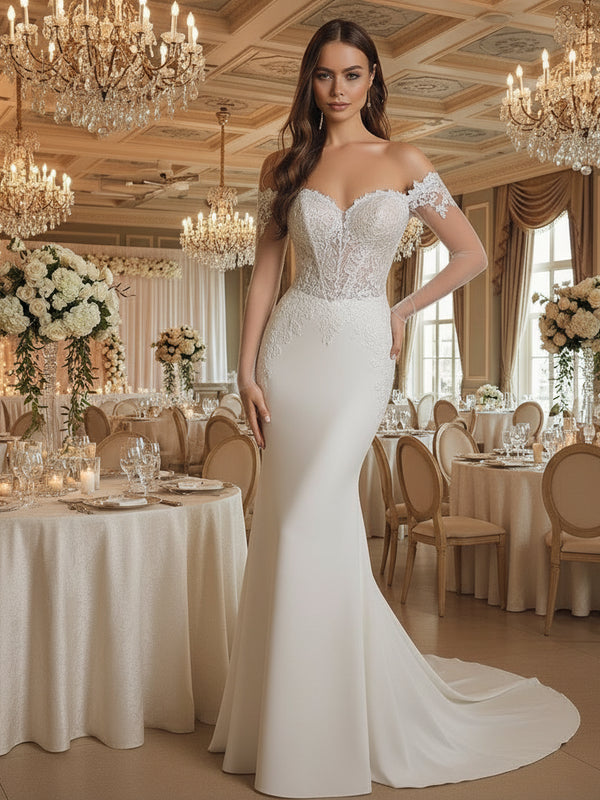 Elegant Off-Shoulder Lace Mermaid Wedding Dress – Long Sleeve Princess Gown with Sweep Train