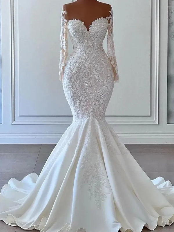 Elegant Sheer Long-Sleeve Mermaid Wedding Dress – Lace Appliqué Floor-Length Bridal Gown