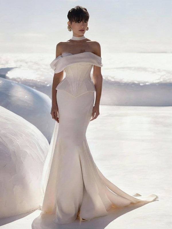 Elegant Off-the-Shoulder Satin Mermaid Wedding Dress – Sweetheart Neckline & Sweep Train Bridal Gown 2026